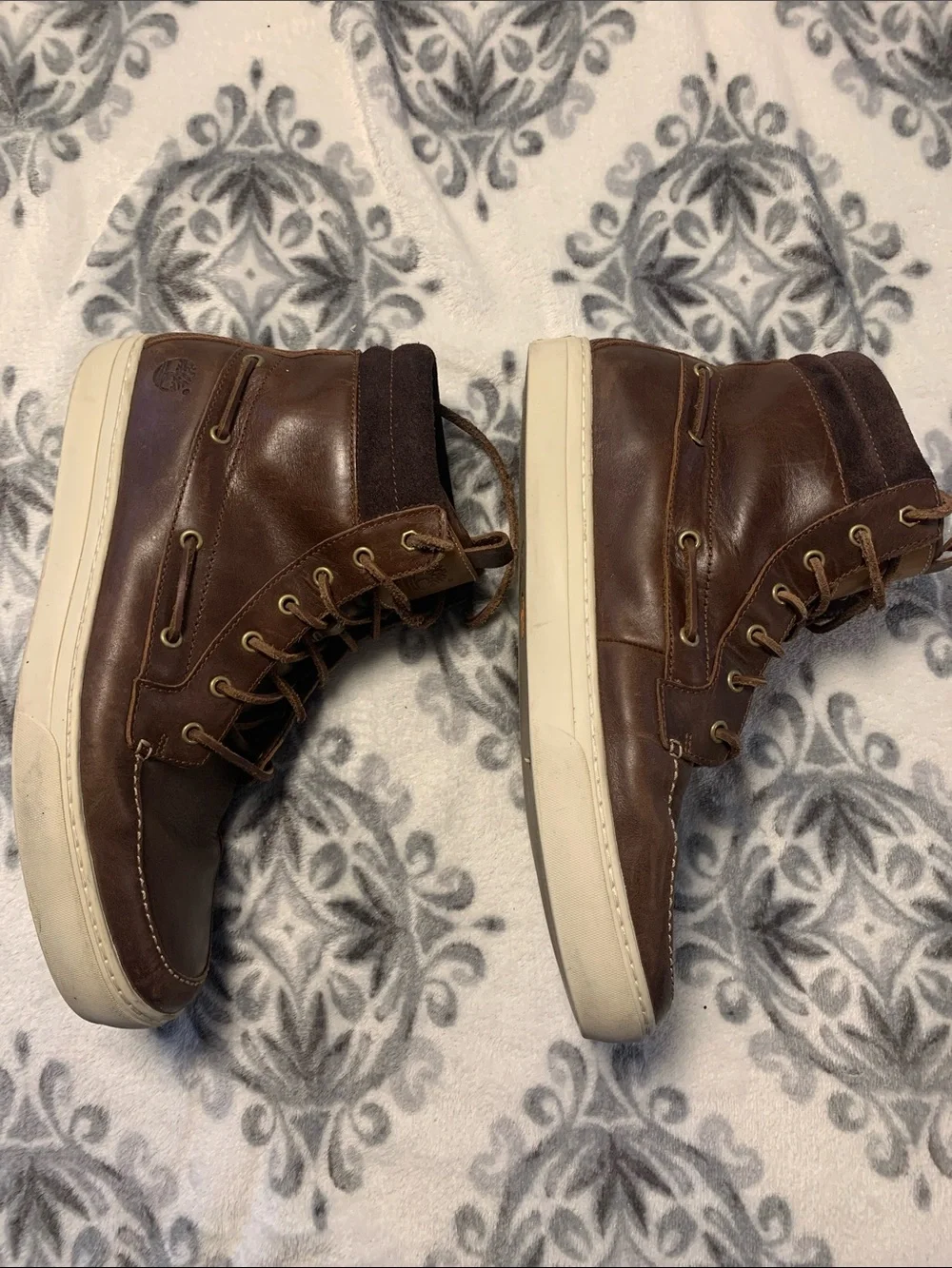 Timberland Men's Dark Brown Leather Moc Toe Boots with White Sole
